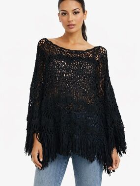 Torrid Boho Crochet Fringe Poncho Top Black Plus 3 Y2K